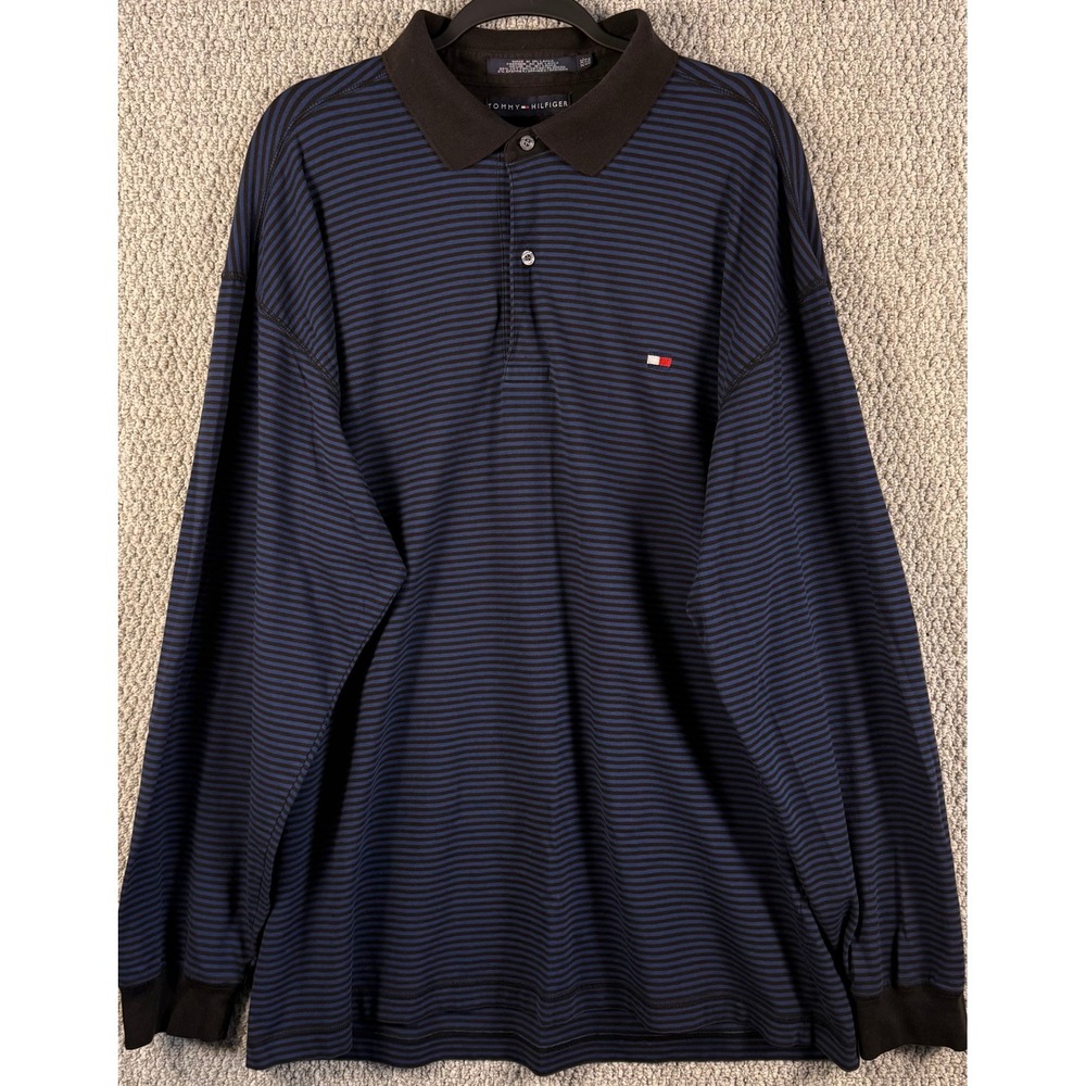 Tommy Hilfiger Vintage 90s Striped Polo Shirt XXL Blue Black Long Sleeve